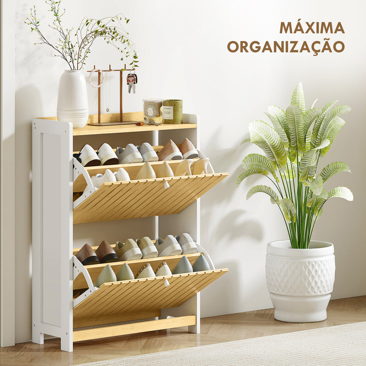 Sapateira Estreita com 2 Portas de Bambu em Ripas Móvel Sapateira com Prateleiras Ajustáveis para 12 Pares de Sapatos 60x24x82,5 cm Branco e Madeira