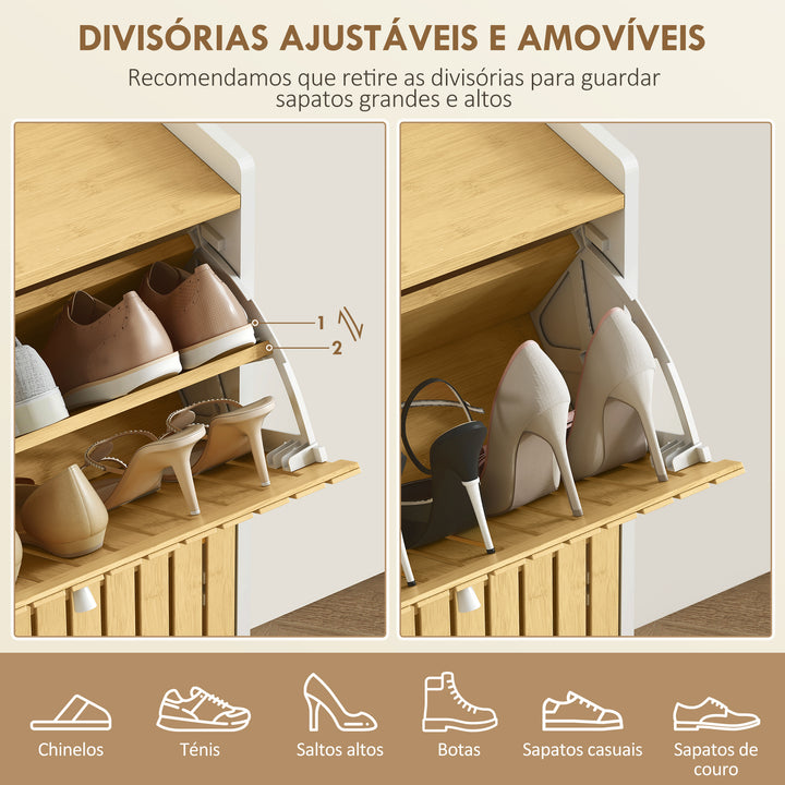 Sapateira Estreita com 2 Portas de Bambu em Ripas Móvel Sapateira com Prateleiras Ajustáveis para 12 Pares de Sapatos 60x24x82,5 cm Branco e Madeira