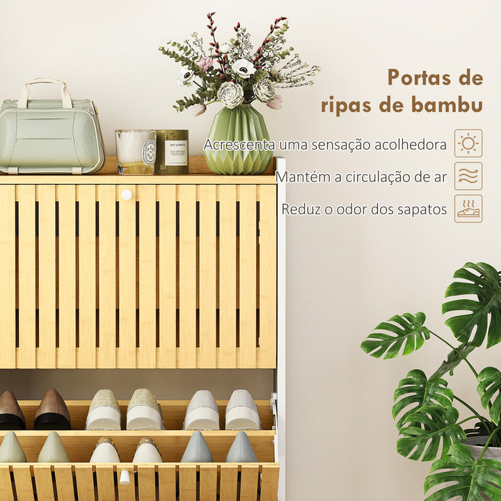 Sapateira Estreita com 2 Portas de Bambu em Ripas Móvel Sapateira com Prateleiras Ajustáveis para 12 Pares de Sapatos 60x24x82,5 cm Branco e Madeira
