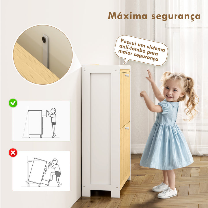 Sapateira Estreita com 2 Portas de Bambu em Ripas Móvel Sapateira com Prateleiras Ajustáveis para 12 Pares de Sapatos 60x24x82,5 cm Branco e Madeira