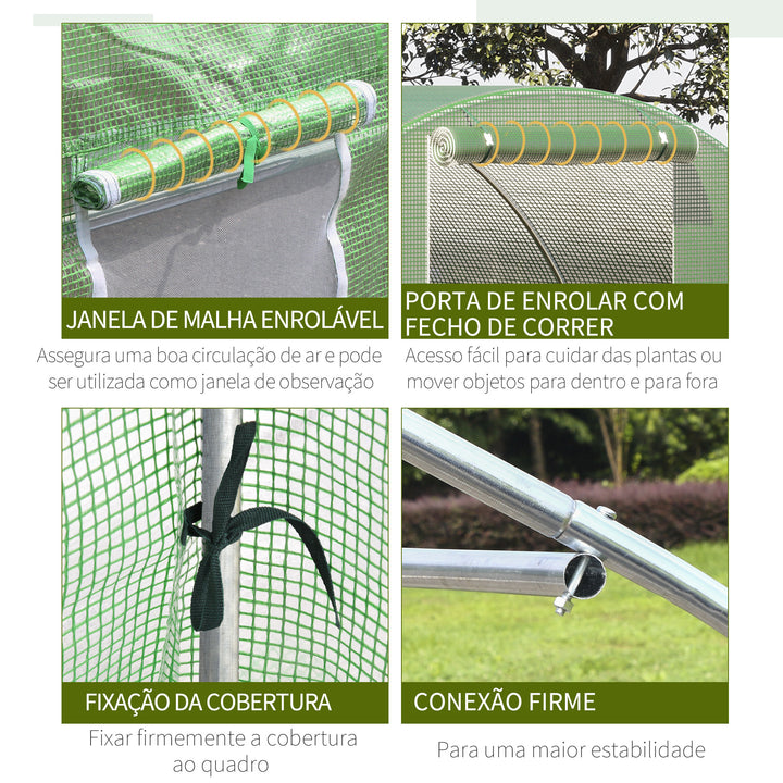 Estufa Tipo Túnel 4,5x3x2 m Estufa de Exterior com Paredes Laterais Enroláveis 6 Janelas de Malha e Porta Enrolável com Fecho de Correr para Jardim Pátio Verde
