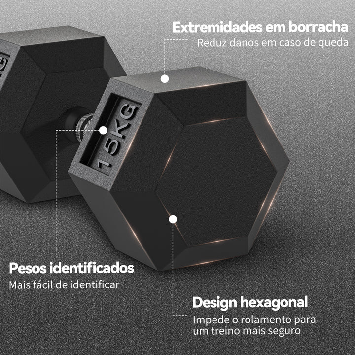 Conjunto de 2 Halteres Hexagonais de 15 kg (30 kg Total) com Pega Metálica Anti-Deslizante Pesos para Treino em Casa ou no Ginásio Estável Preto e Prateado