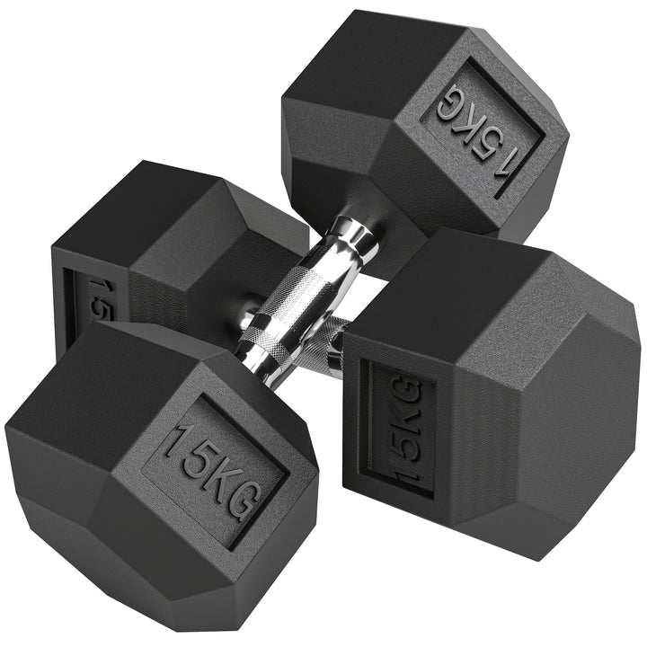 Conjunto de 2 Halteres Hexagonais de 15 kg (30 kg Total) com Pega Metálica Anti-Deslizante Pesos para Treino em Casa ou no Ginásio Estável Preto e Prateado