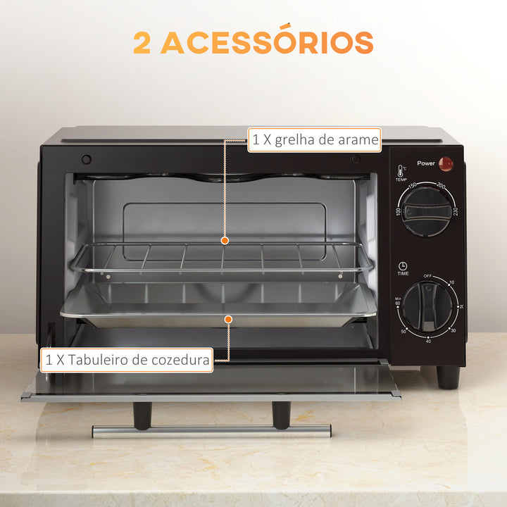 Mini Forno Elétrico 9L Forno Elétrico de Bancada 750W com Temperatura Ajustável até 230°C Temporizador 60 min e Bandeja para Assar Grelha 35x24,6x20 cm Preto