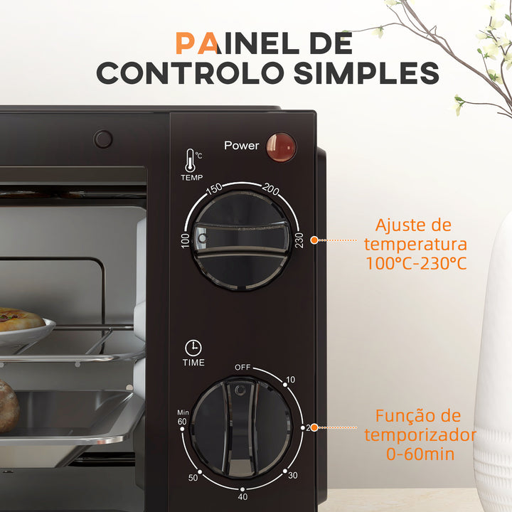 Mini Forno Elétrico 9L Forno Elétrico de Bancada 750W com Temperatura Ajustável até 230°C Temporizador 60 min e Bandeja para Assar Grelha 35x24,6x20 cm Preto