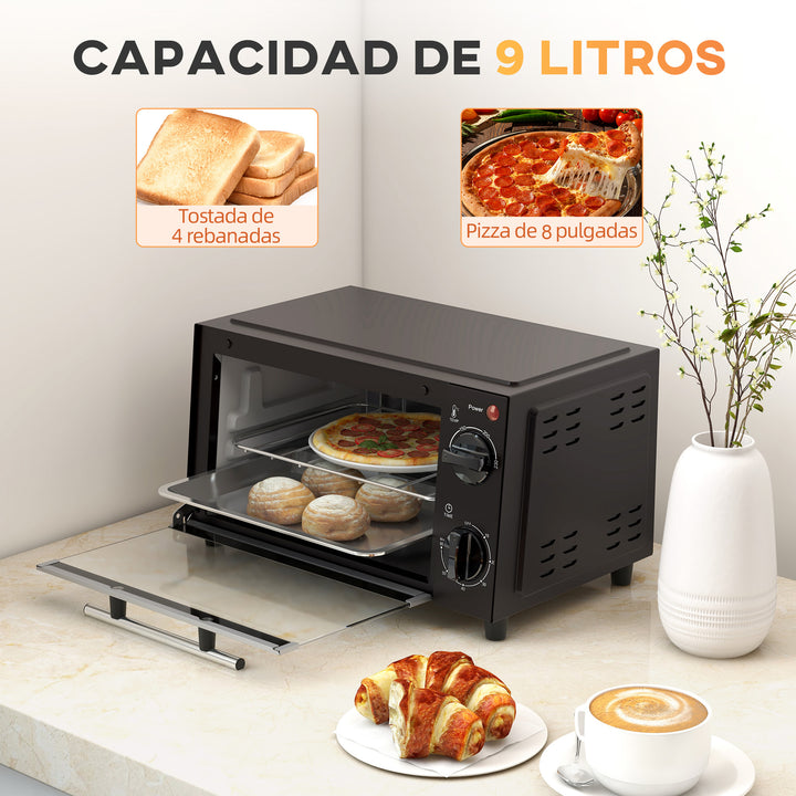 Mini Forno Elétrico 9L Forno Elétrico de Bancada 750W com Temperatura Ajustável até 230°C Temporizador 60 min e Bandeja para Assar Grelha 35x24,6x20 cm Preto