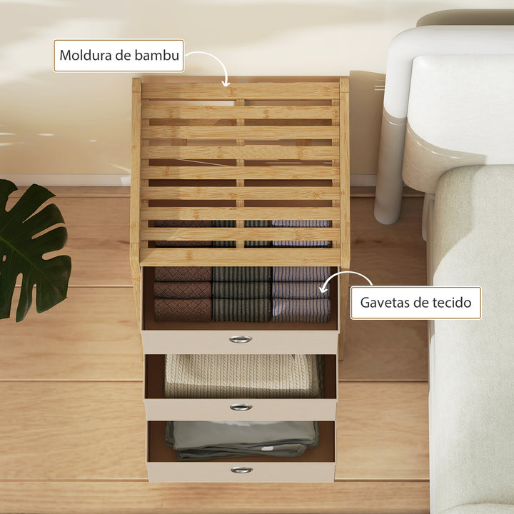 Cómoda de Bambu com 3 Gavetas de Tecido para Espaços Pequenos, Ideal para Quarto, Sala ou Escritório, Creme e Madeira