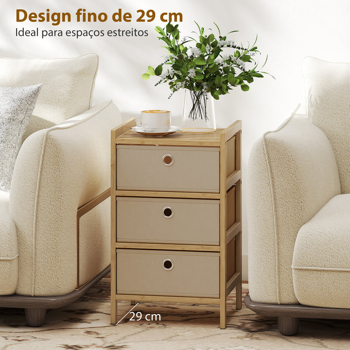 Cómoda de Bambu com 3 Gavetas de Tecido para Espaços Pequenos, Ideal para Quarto, Sala ou Escritório, Creme e Madeira