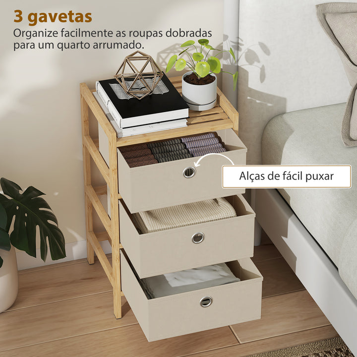 Cómoda de Bambu com 3 Gavetas de Tecido para Espaços Pequenos, Ideal para Quarto, Sala ou Escritório, Creme e Madeira