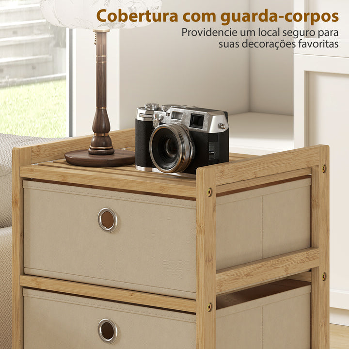 Cómoda de Bambu com 3 Gavetas de Tecido para Espaços Pequenos, Ideal para Quarto, Sala ou Escritório, Creme e Madeira