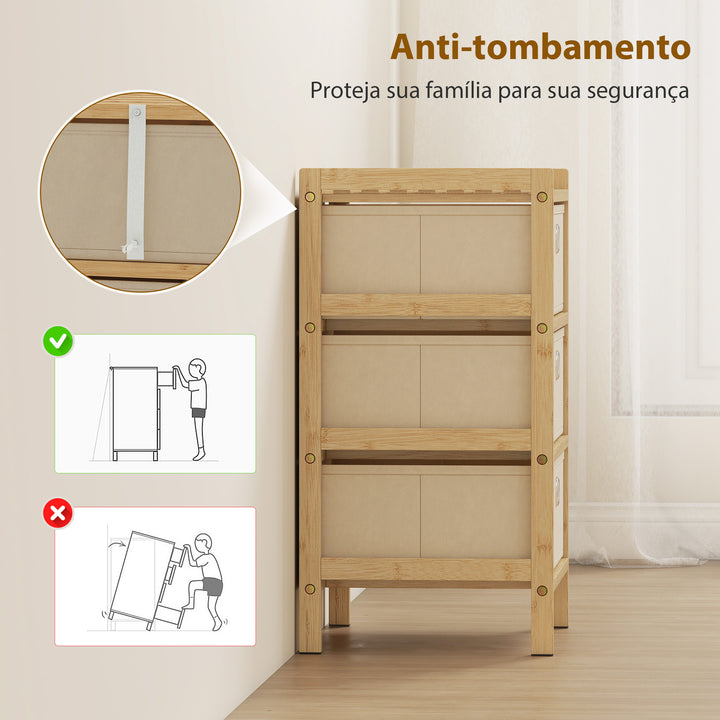 Cómoda de Bambu com 3 Gavetas de Tecido para Espaços Pequenos, Ideal para Quarto, Sala ou Escritório, Creme e Madeira