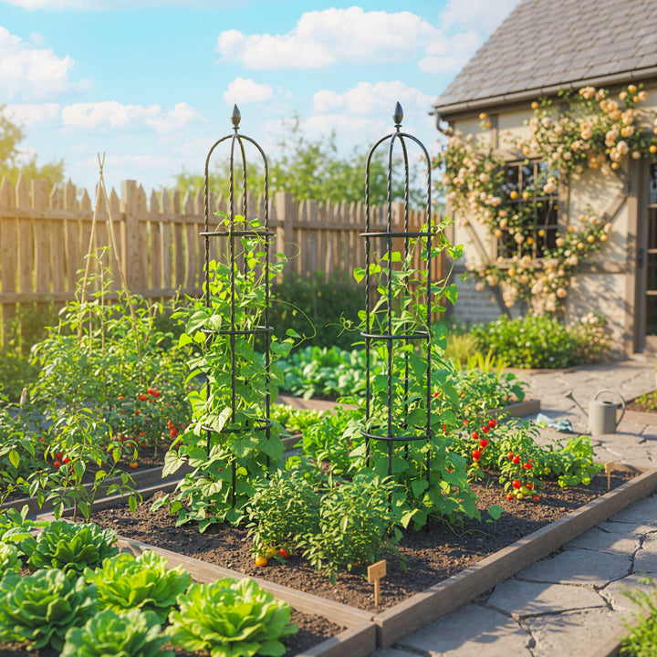 Conjunto de 2 Obeliscos de Jardim em Aço 1,74 m Treliças para Plantas Trepadeiras Rosas Frutas Legumes Suportes Decorativos para Exterior Pátio Terraço Preto