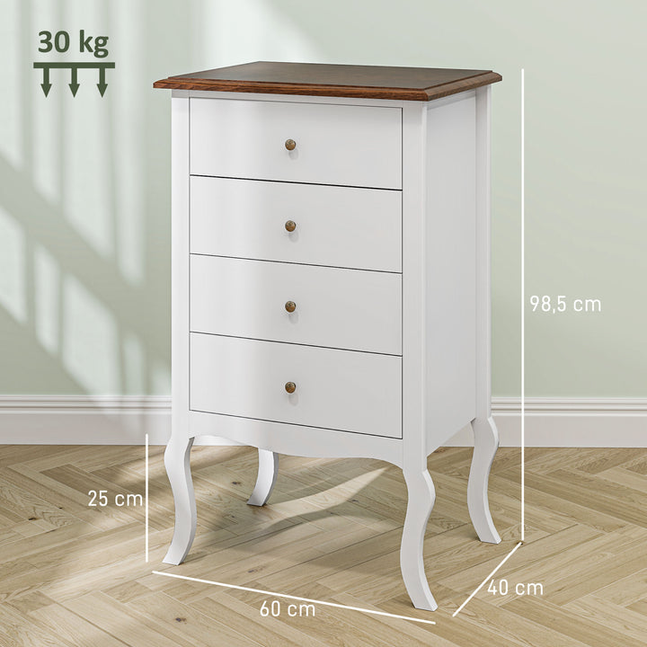 Cómoda com 4 Gavetas Cómoda para Dormitório Estilo Francês com Sistema Anti-Tombo Cómoda para Sala de Estar 60x40x98,5 cm Branco e Madeira