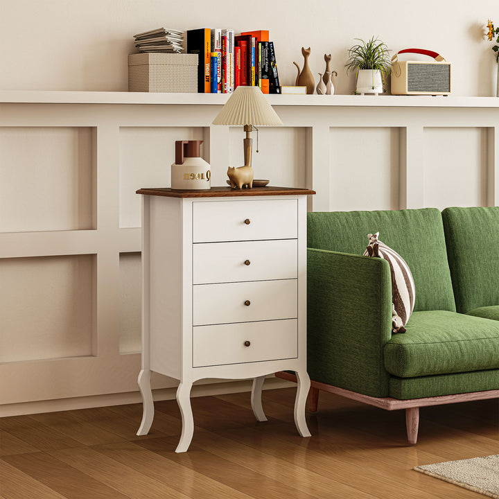 Cómoda com 4 Gavetas Cómoda para Dormitório Estilo Francês com Sistema Anti-Tombo Cómoda para Sala de Estar 60x40x98,5 cm Branco e Madeira