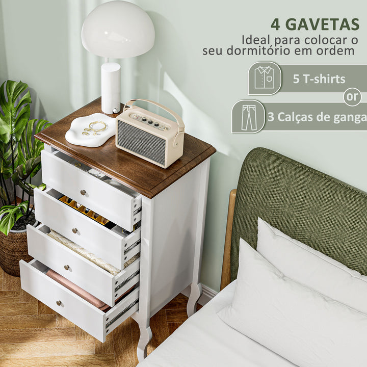 Cómoda com 4 Gavetas Cómoda para Dormitório Estilo Francês com Sistema Anti-Tombo Cómoda para Sala de Estar 60x40x98,5 cm Branco e Madeira