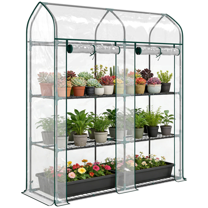 Estufa Pequena de 3 Níveis, Estufa de Exterior com 2 Portas Enroláveis, Estrutura de Aço e Cobertura de Plástico Anti-UV para Cultivo de Plantas, Flores, 143x46x165 cm, Transparente