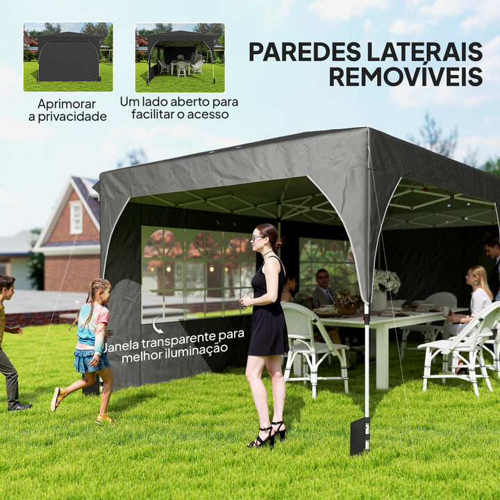 Tenda Dobrável 6x3 m Pop-up com 4 Laterais Amovíveis Tenda de Jardim com Faixas Refletoras Altura Ajustável Sistema Central de Bloqueio UPF50+ Impermeável Bolsa de Transporte Cinzento
