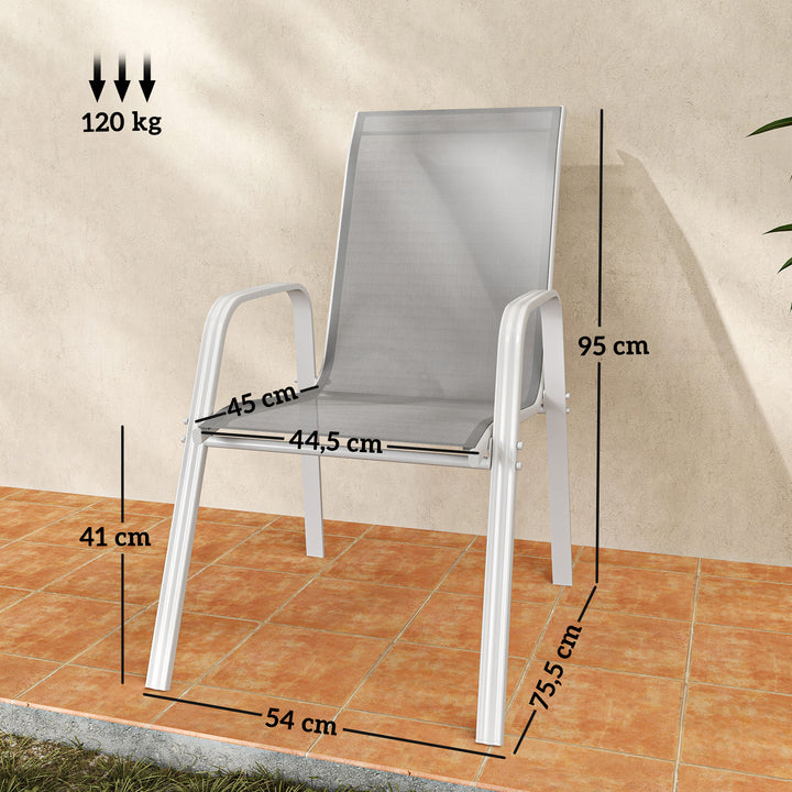 Conjunto de 4 Cadeiras de Jardim Exterior Cadeiras de Terraço Empilháveis com Tecido Respirável Estrutura de Metal Apoios de Braços e Encosto 54x75,5x95 cm Cinzento Claro