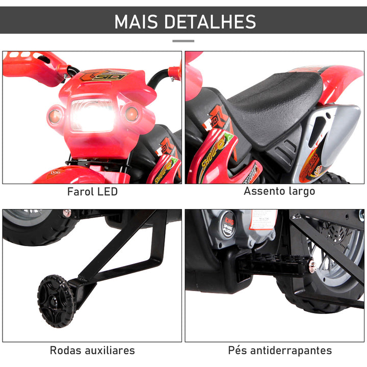 Mota Elétrica Infantil com Bateria com Rodinhas de Apoio - Cor: Vermelho - Material PP