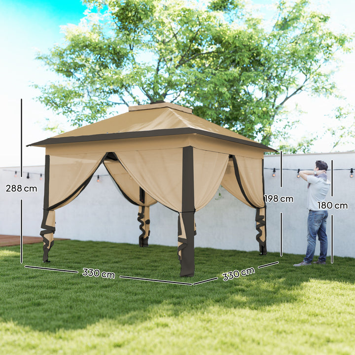 Pérgola Dobrável Exterior 3,3x3,3 m com Altura Ajustável Pérgola de Jardim com Teto Duplo 4 Mosquiteiras Removíveis e Bolsa de Transporte para Acampamento Festas Bege