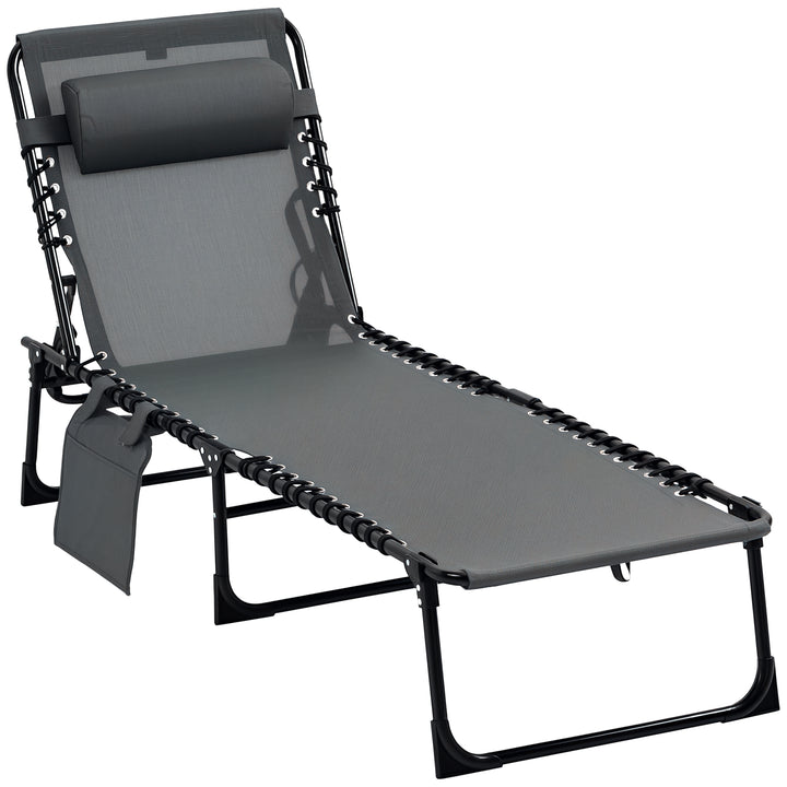 Espreguiçadeira Dobrável Espreguiçadeira de Jardim com Encosto Ajustável Apoio para a Cabeça Acolchoado Bolso Lateral e Estrura de Aço 185x58x30 cm Cinza