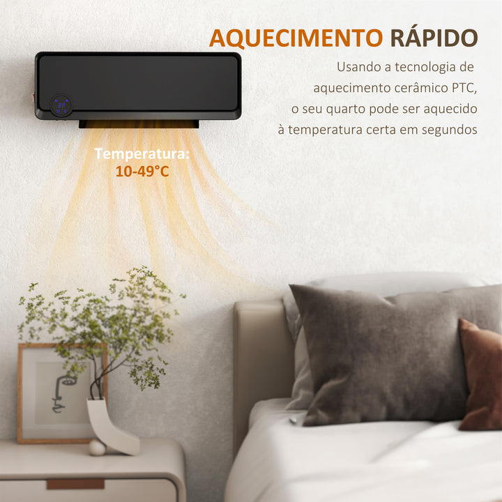 Aquecedor Cerâmico de Parede 1000W/2000W com Controle Remoto Tela LED Temporizador de 12h Termostato e Proteção contra Superaquecimento 56x18,5x11,7 cm Preto