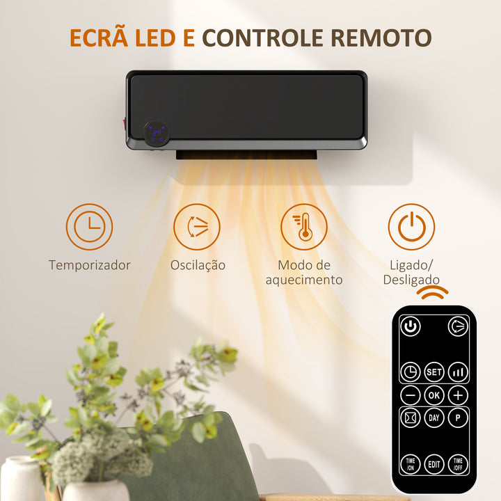Aquecedor Cerâmico de Parede 1000W/2000W com Controle Remoto Tela LED Temporizador de 12h Termostato e Proteção contra Superaquecimento 56x18,5x11,7 cm Preto