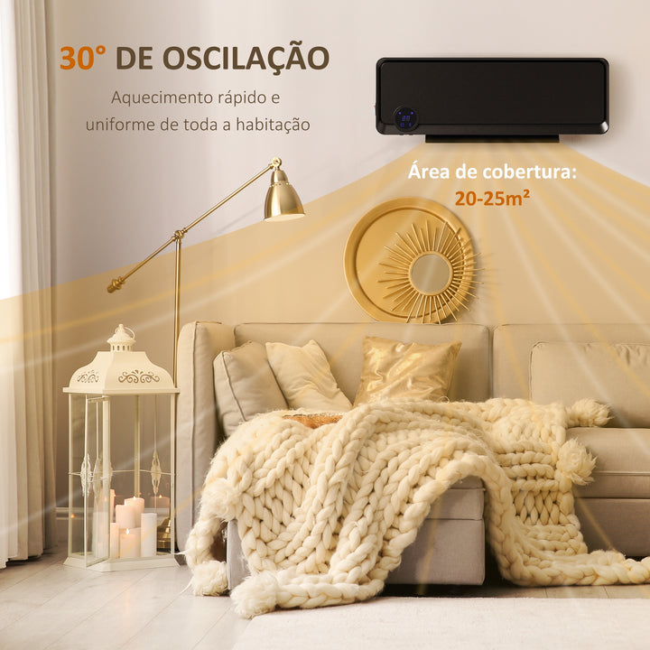 Aquecedor Cerâmico de Parede 1000W/2000W com Controle Remoto Tela LED Temporizador de 12h Termostato e Proteção contra Superaquecimento 56x18,5x11,7 cm Preto