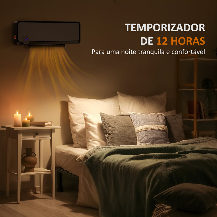 Aquecedor Cerâmico de Parede 1000W/2000W com Controle Remoto Tela LED Temporizador de 12h Termostato e Proteção contra Superaquecimento 56x18,5x11,7 cm Preto