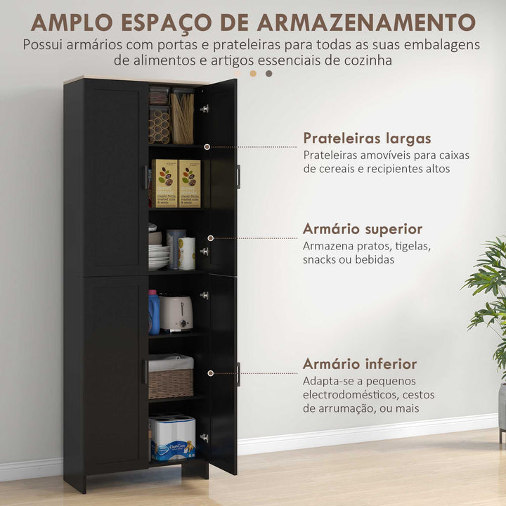 Armário de Cozinha Armário de Armazenamento Cozinha com 4 Portas e Prateleiras Ajustáveis Anti-Tombo 60x30x170,5 cm Preto
