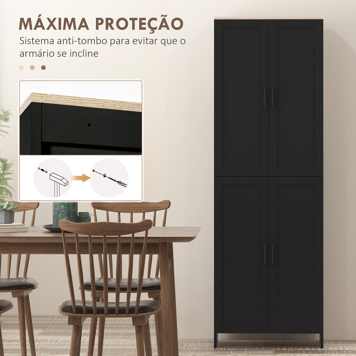 Armário de Cozinha Armário de Armazenamento Cozinha com 4 Portas e Prateleiras Ajustáveis Anti-Tombo 60x30x170,5 cm Preto