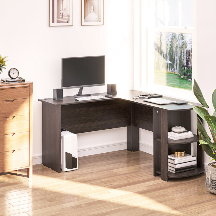 Mesa de Computador PC Escritório para Oficina Casa Tipo Esquineira Forma L com Estantes - Marrom Escuro - 136,2x130,4x72cm