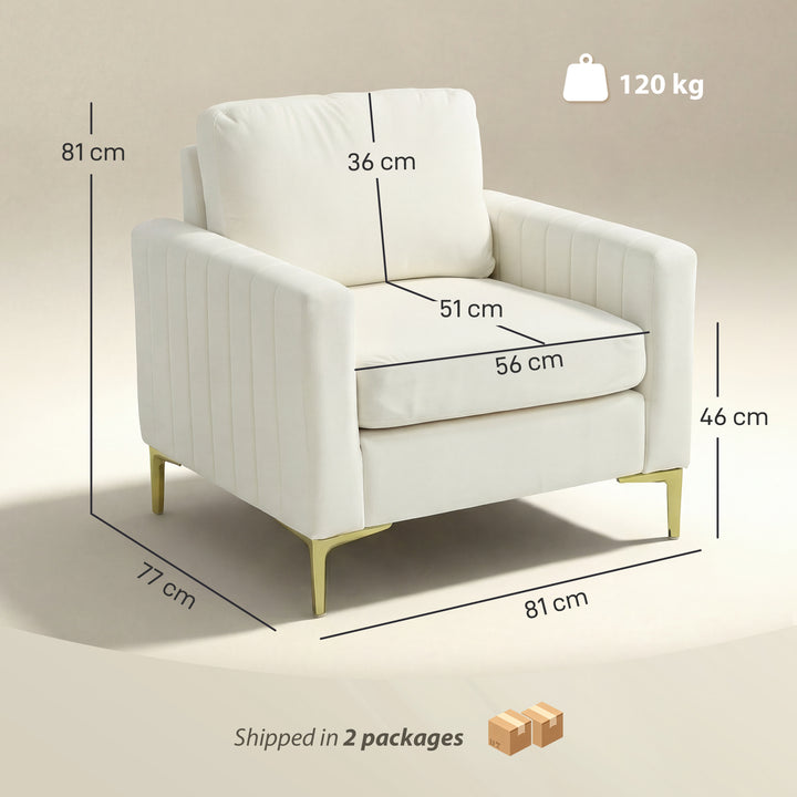 Poltrona de Sala Poltrona Relax Moderna 81x77x81 cm Estofada em Veludo Acolchoamento Espesso Assento Amplo Apoio de Braços Almofada Creme