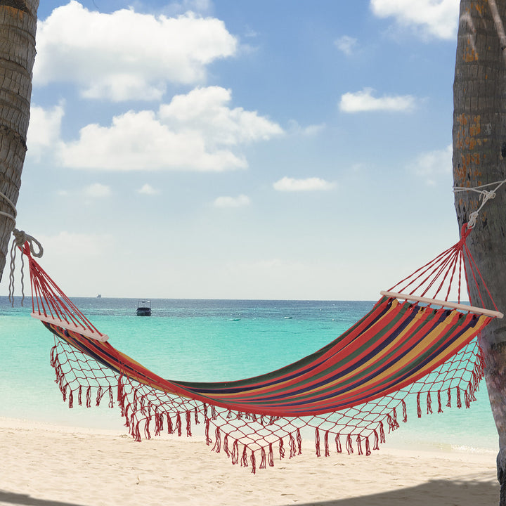 Cama Rede de Jardim 200x100 cm Rede Suspensa com Travessas de Madeira Carga 120 kg para Pátio Terraço Varanda Campismo Multicolor