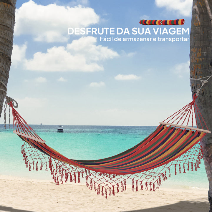 Cama Rede de Jardim 200x100 cm Rede Suspensa com Travessas de Madeira Carga 120 kg para Pátio Terraço Varanda Campismo Multicolor