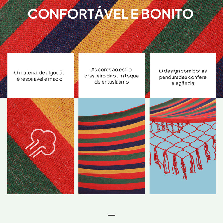 Cama Rede de Jardim 200x100 cm Rede Suspensa com Travessas de Madeira Carga 120 kg para Pátio Terraço Varanda Campismo Multicolor