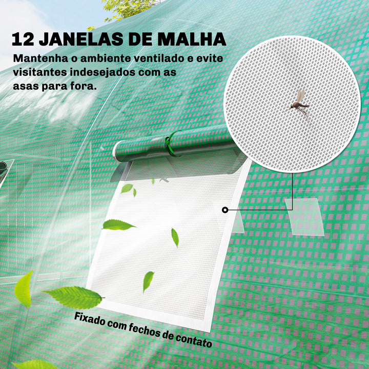 Estufa de Exterior 6x4x2 m, Estufa Tipo Túnel com 2 Barras de Suporte, Portas Enroláveis, Janelas com Rede, Cobertura de PE e Estrutura de Aço Galvanizado, Anti-UV, Impermeável, Verde