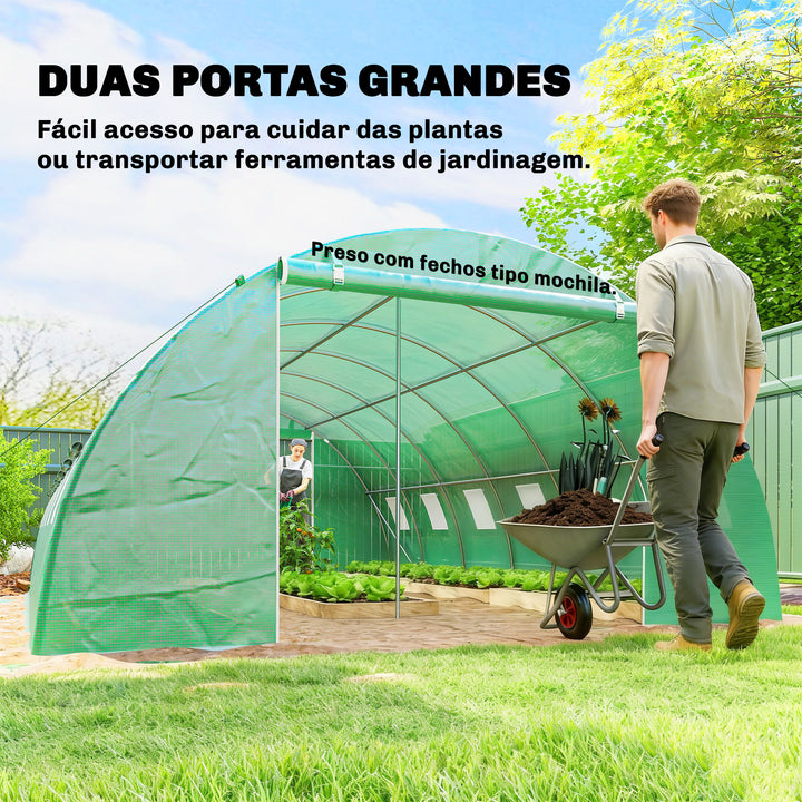 Estufa de Exterior 6x4x2 m, Estufa Tipo Túnel com 2 Barras de Suporte, Portas Enroláveis, Janelas com Rede, Cobertura de PE e Estrutura de Aço Galvanizado, Anti-UV, Impermeável, Verde