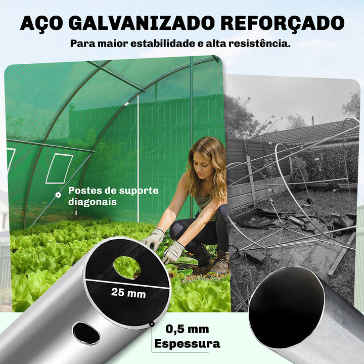 Estufa de Exterior 6x4x2 m, Estufa Tipo Túnel com 2 Barras de Suporte, Portas Enroláveis, Janelas com Rede, Cobertura de PE e Estrutura de Aço Galvanizado, Anti-UV, Impermeável, Verde