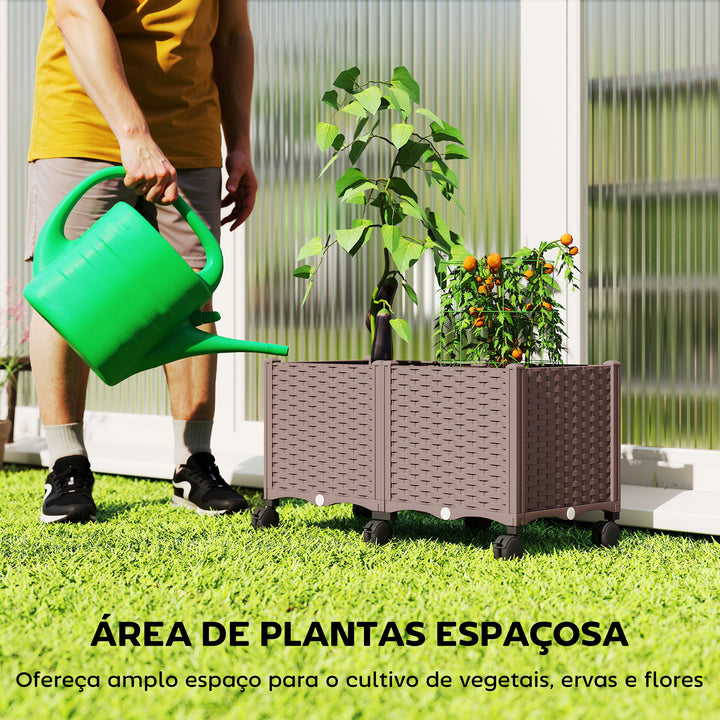 Floreira Elevada com 6 Rodas Floreira Móvel em Plástico com Autorrega e Drenagem Floreira para Cultivo Plantas Jardim Terraço 80x40x43 cm Castanho