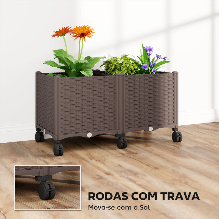 Floreira Elevada com 6 Rodas Floreira Móvel em Plástico com Autorrega e Drenagem Floreira para Cultivo Plantas Jardim Terraço 80x40x43 cm Castanho