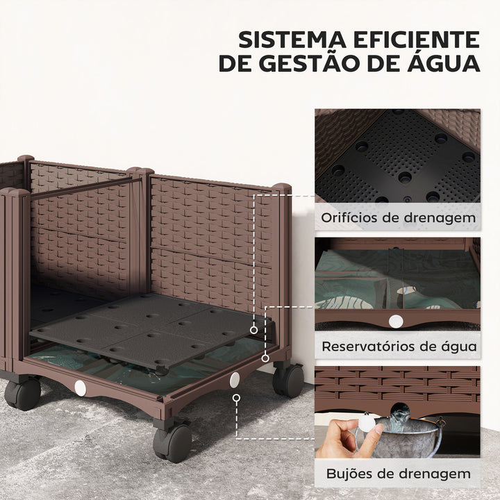 Floreira Elevada com 6 Rodas Floreira Móvel em Plástico com Autorrega e Drenagem Floreira para Cultivo Plantas Jardim Terraço 80x40x43 cm Castanho