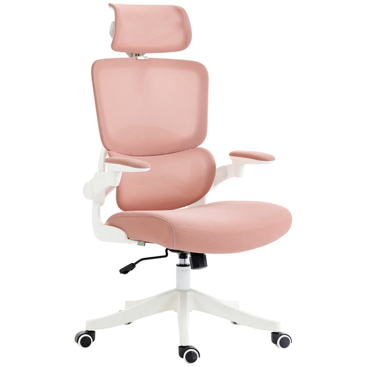 Cadeira de Escritório Giratória de Malha Cadeira de Escritório Basculante com Encosto Alto Apoio de Cabeça Apoios de Braços e Suporte Lombar 62x58x120-133 cm Rosa