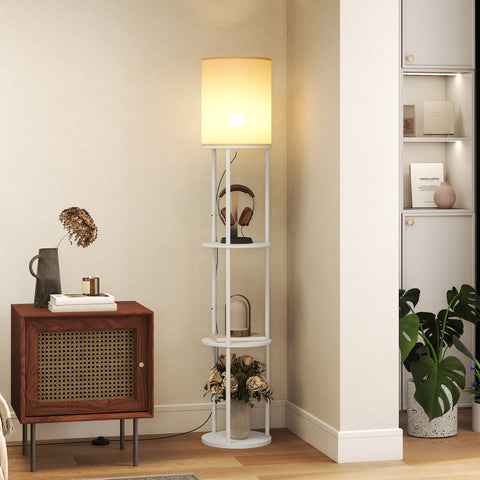 Candeeiro de Pé com Prateleiras Candeeiro com 3 Temperaturas de Cor Controlo Remoto Casquilho E27 para Sala de Estar Quarto Escritório Ø29x158 cm Branco