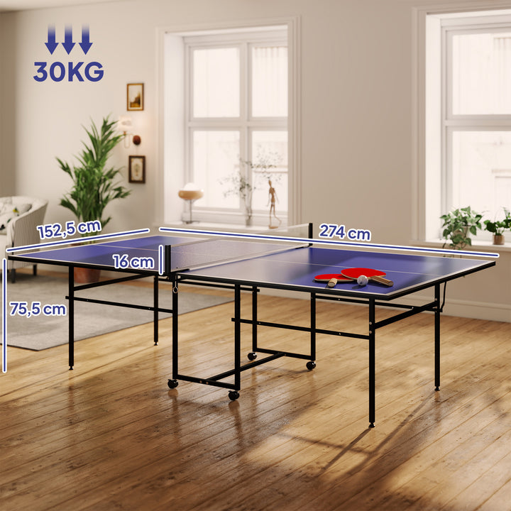 Mesa de Ping Pong Dobrável Mesa de Ping Pong Profissional com 4 Rodas Rede 2 Raquetes e 3 Bolas para Interior e Exterior 274x152,5x75,5 cm Azul