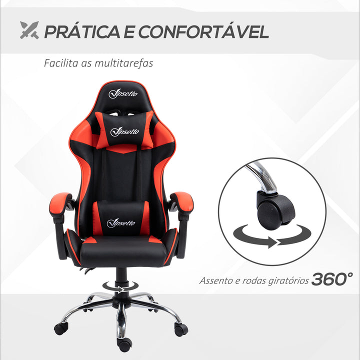 Cadeira Gaming Ergonômica Cadeira para Videojogos Reclinável com Altura Regulável Apoio para a Cabeça e Almofada Lombar 63x67x119-127cm Vermelho e Preto