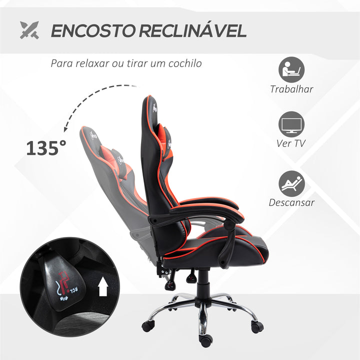 Cadeira Gaming Ergonômica Cadeira para Videojogos Reclinável com Altura Regulável Apoio para a Cabeça e Almofada Lombar 63x67x119-127cm Vermelho e Preto