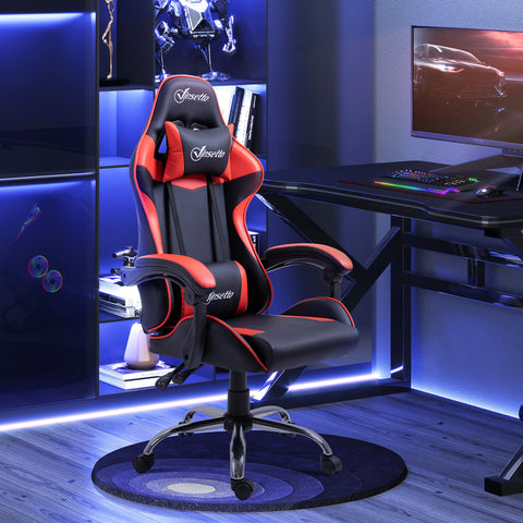 Cadeira Gaming Ergonômica Cadeira para Videojogos Reclinável com Altura Regulável Apoio para a Cabeça e Almofada Lombar 63x67x119-127cm Vermelho e Preto