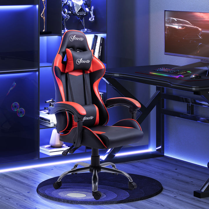 Cadeira Gaming Ergonômica Cadeira para Videojogos Reclinável com Altura Regulável Apoio para a Cabeça e Almofada Lombar 63x67x119-127cm Vermelho e Preto