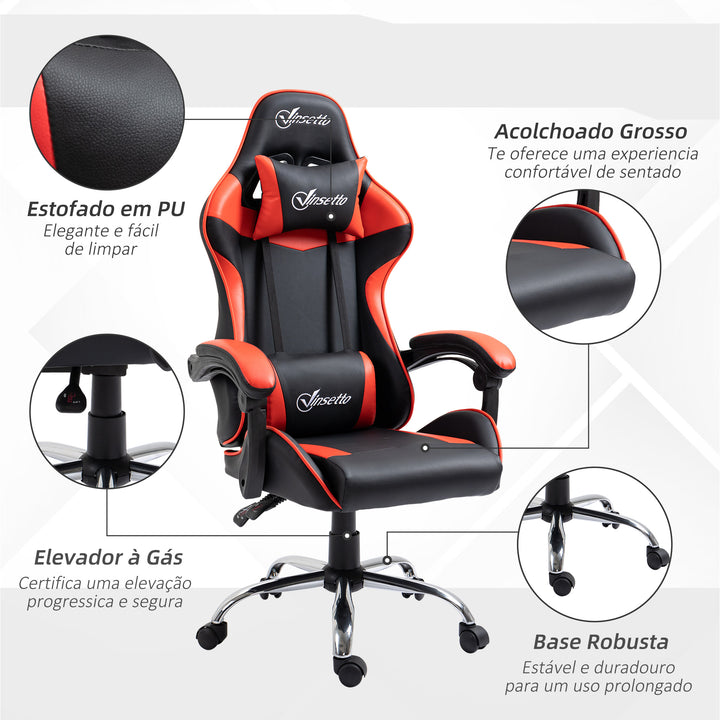 Cadeira Gaming Ergonômica Cadeira para Videojogos Reclinável com Altura Regulável Apoio para a Cabeça e Almofada Lombar 63x67x119-127cm Vermelho e Preto